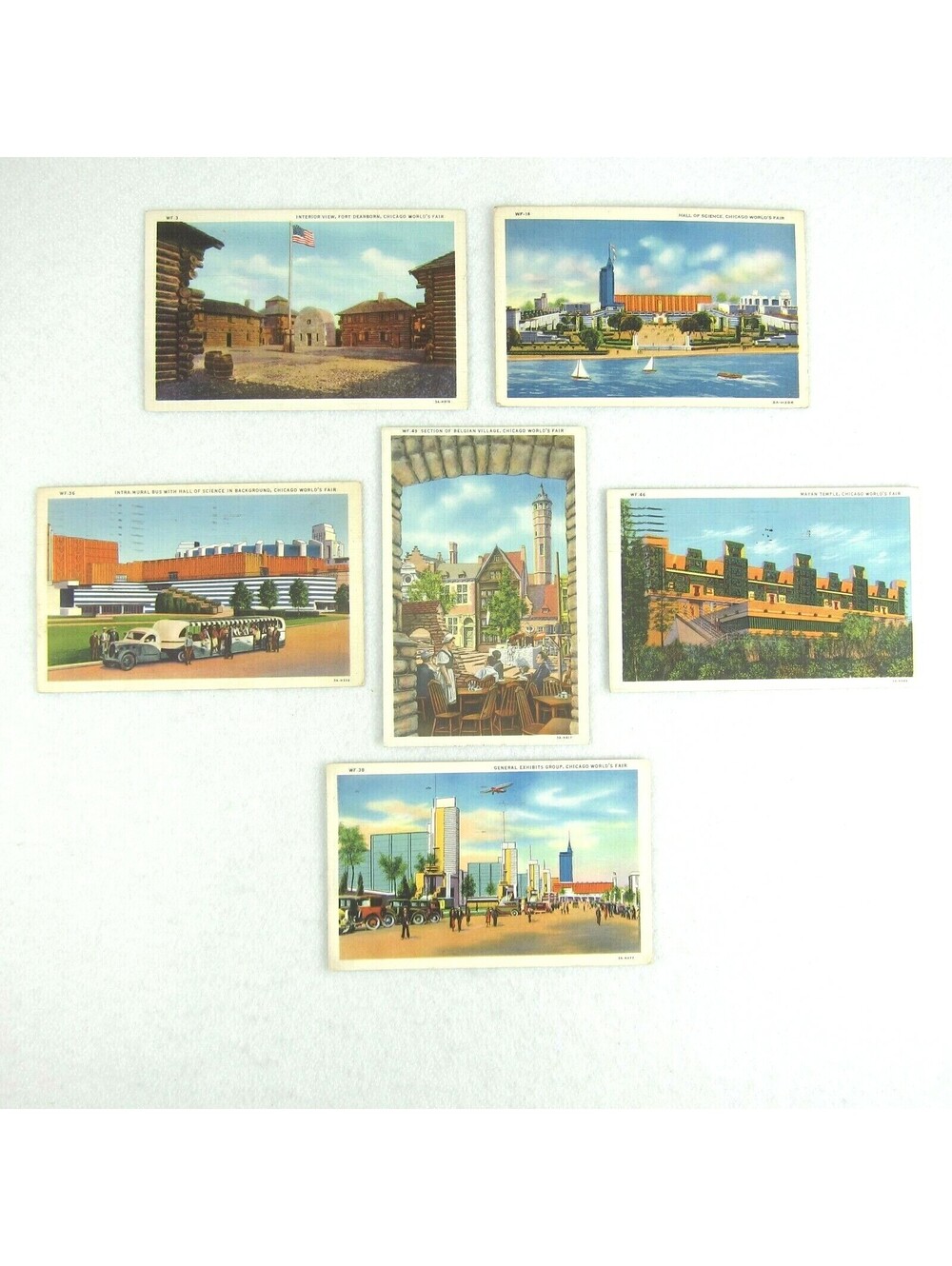 1933 Chicago Worlds Fair 6 Linen Postcards Fort Dearborn, Hall Science, Belgian
